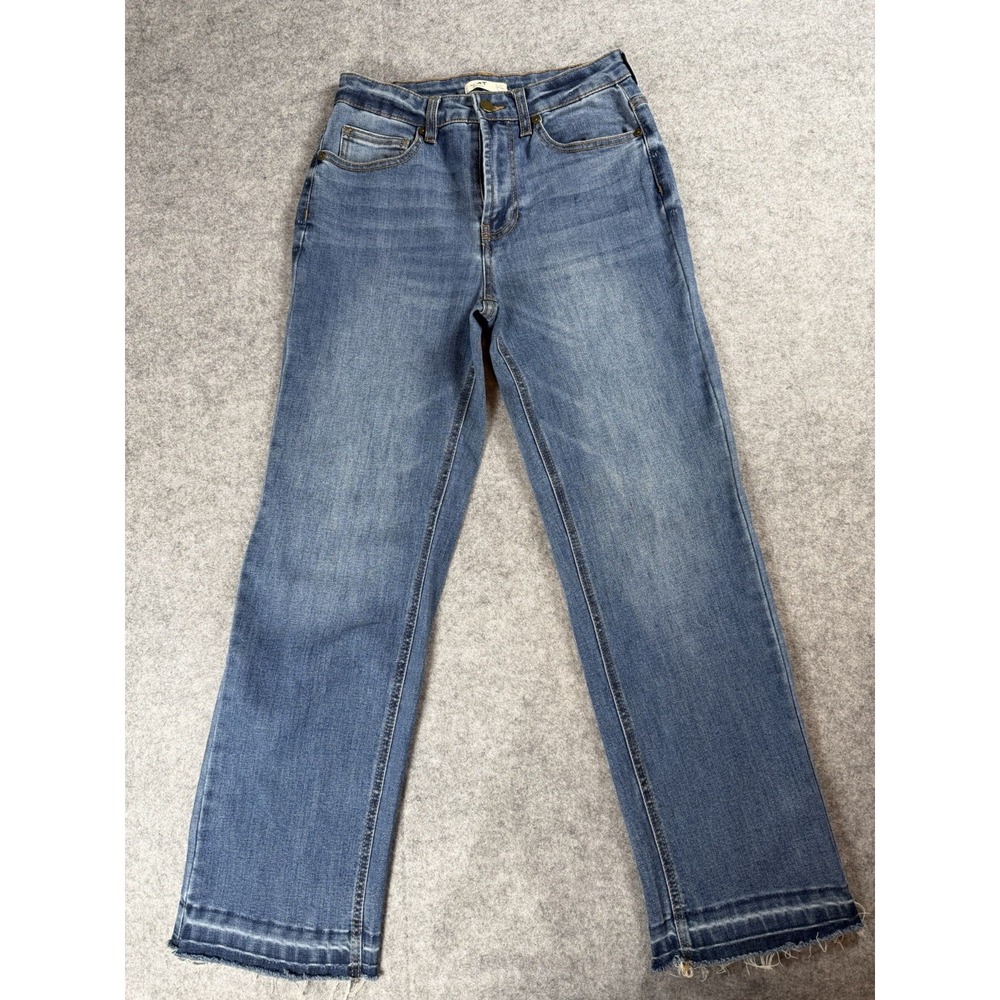 OAT New York Womens Straight Leg Jeans Size 2 26 Blue High Rise Raw Hem Stretch